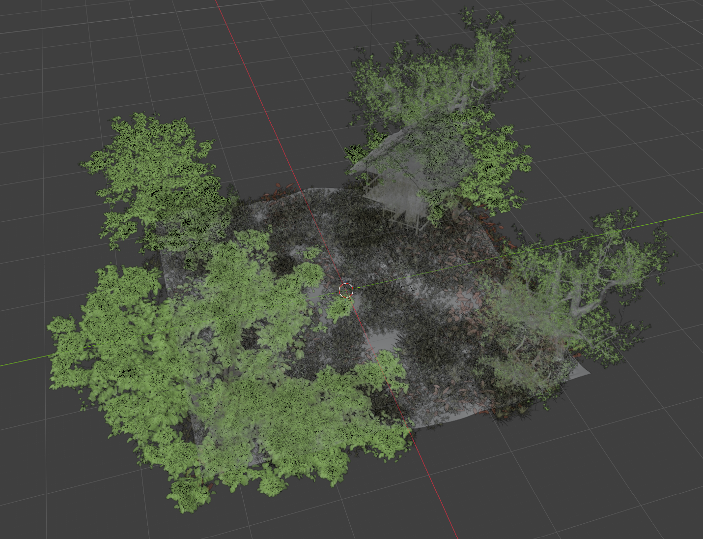 The 3D scene in Blender with scattered trees and foliage on a terrain