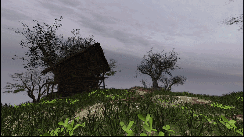 The scene transitioning through the day/night cycle with changing skybox and lighting