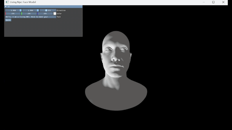 Close up of the NPC face model talking with ImGui debug controls visible