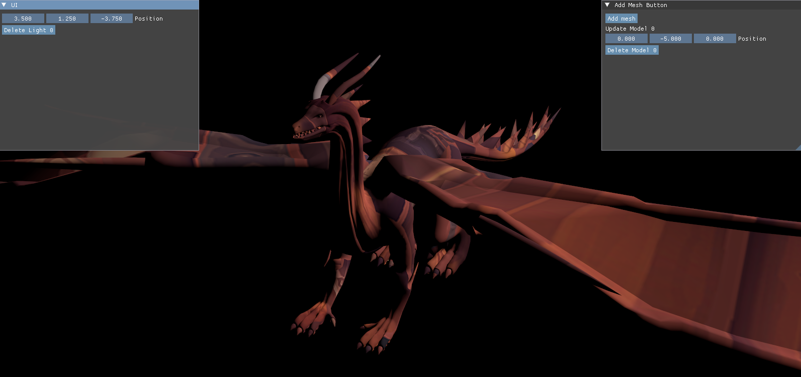 RATH rendering a red dragon glTF model with add/delete mesh controls