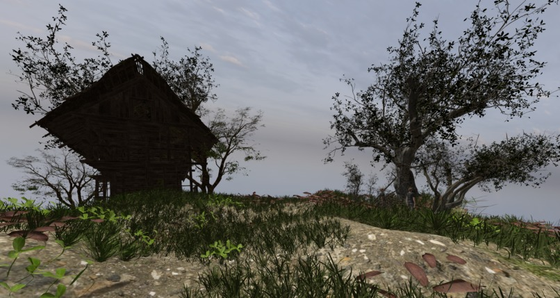 The 3D scene rendered in the Vulkan engine with a cabin, trees, grass, and a cloudy sky